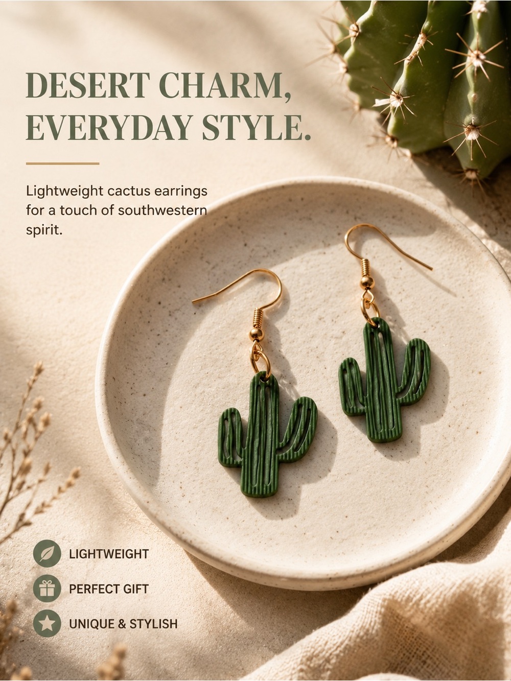 Gold & Green Cactus Drop Earrings – Lightweight Southwestern Style